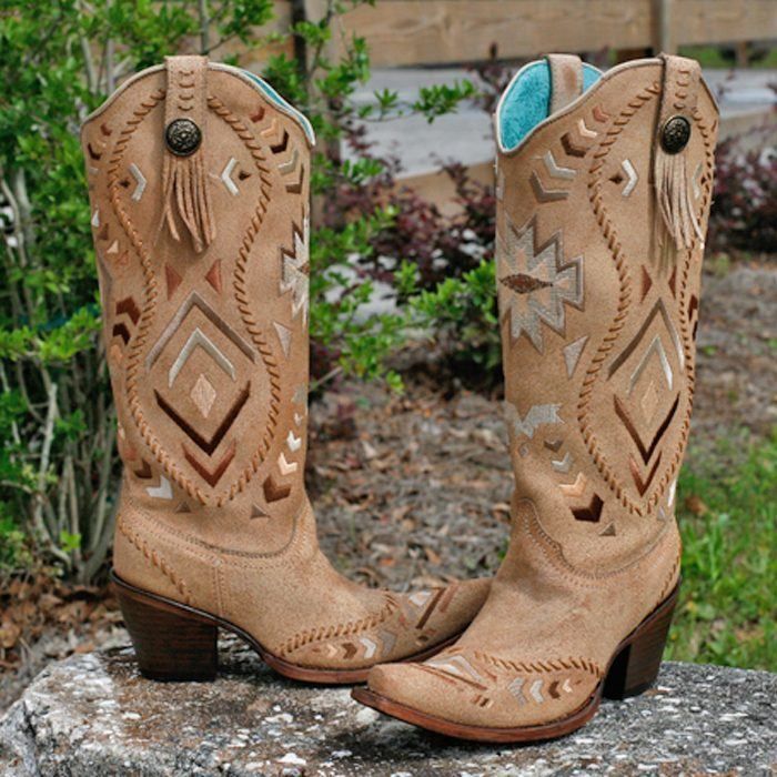 Corral Bone and Tan Tribal Print And Whipstitch Boots