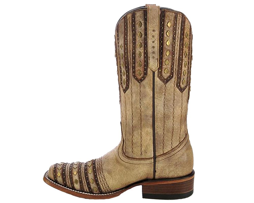 Corral Tan and Brown Studded Patch Square Toe