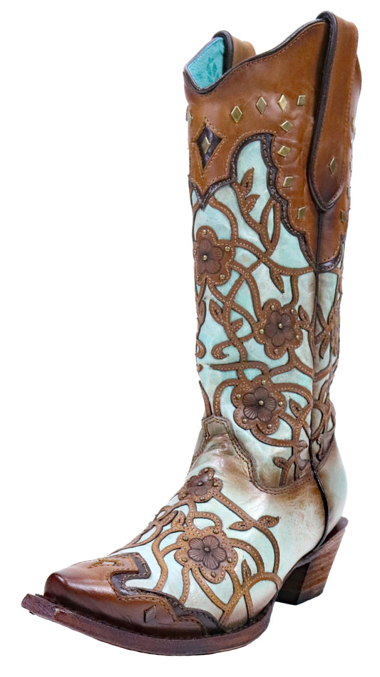 Corral Mint Maple Flowers Overlay and Studs Boots