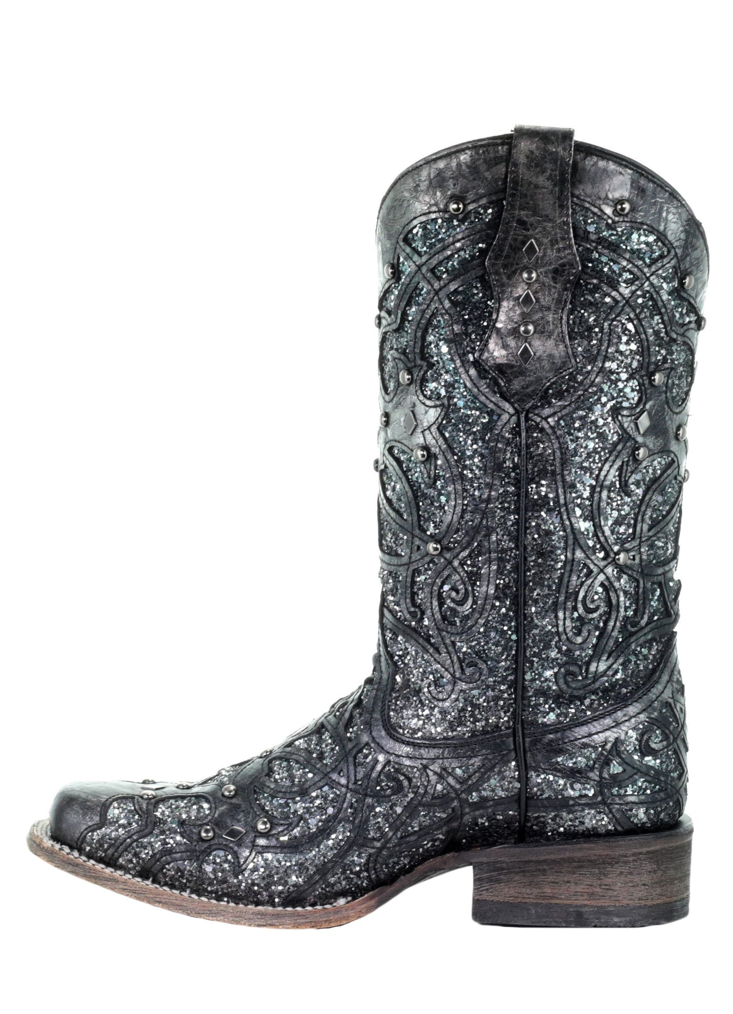 Corral Black Gray Inlay and Studs Square Toe Boots