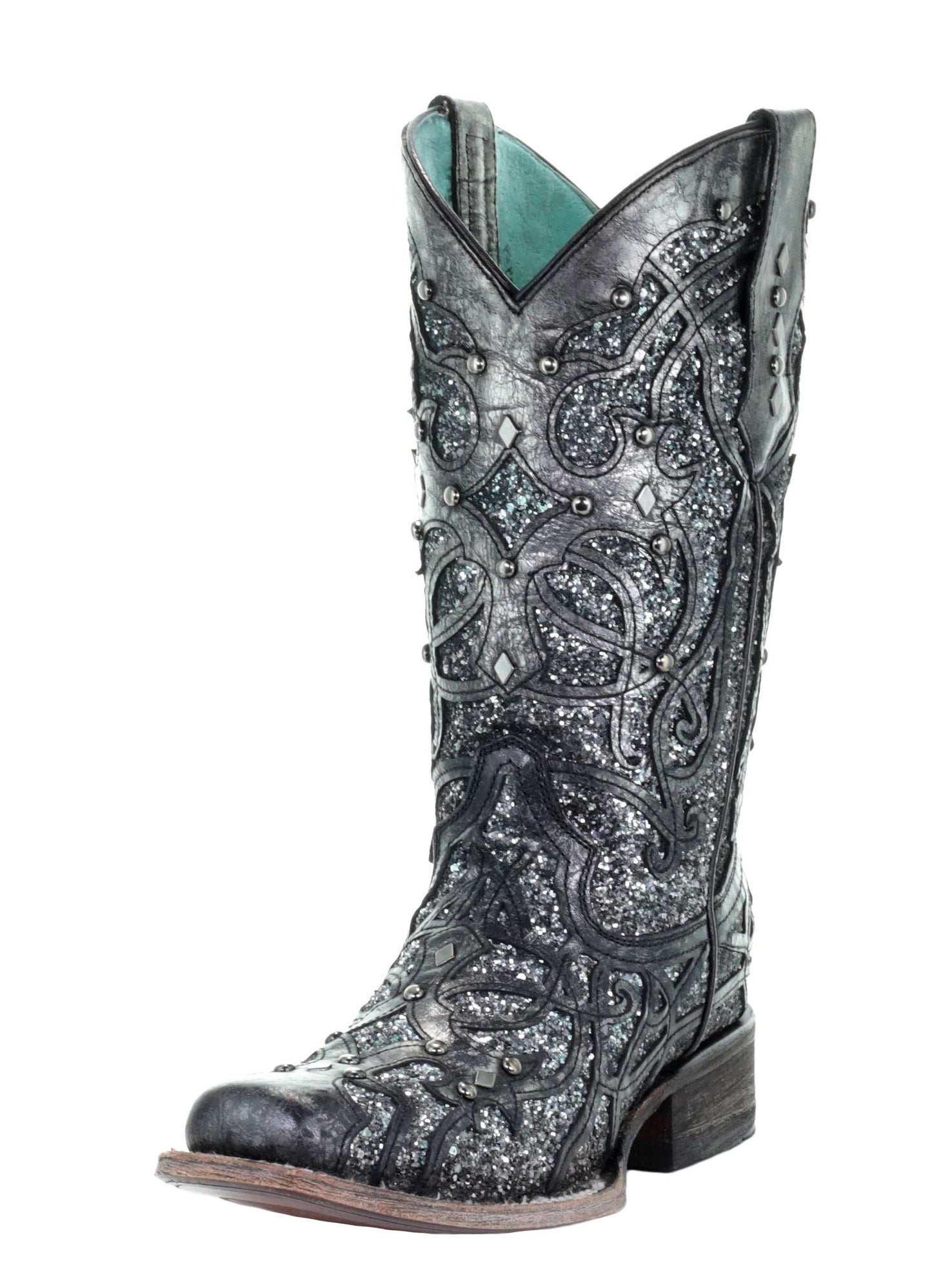 Corral Black Gray Inlay and Studs Square Toe Boots