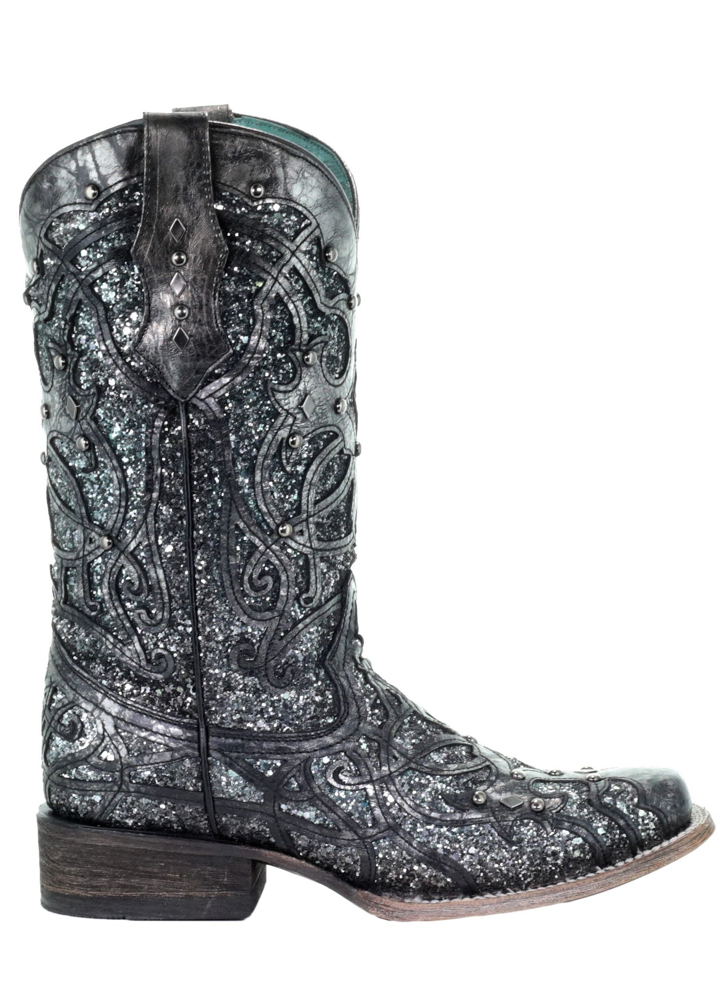 Corral Black Gray Inlay and Studs Square Toe Boots