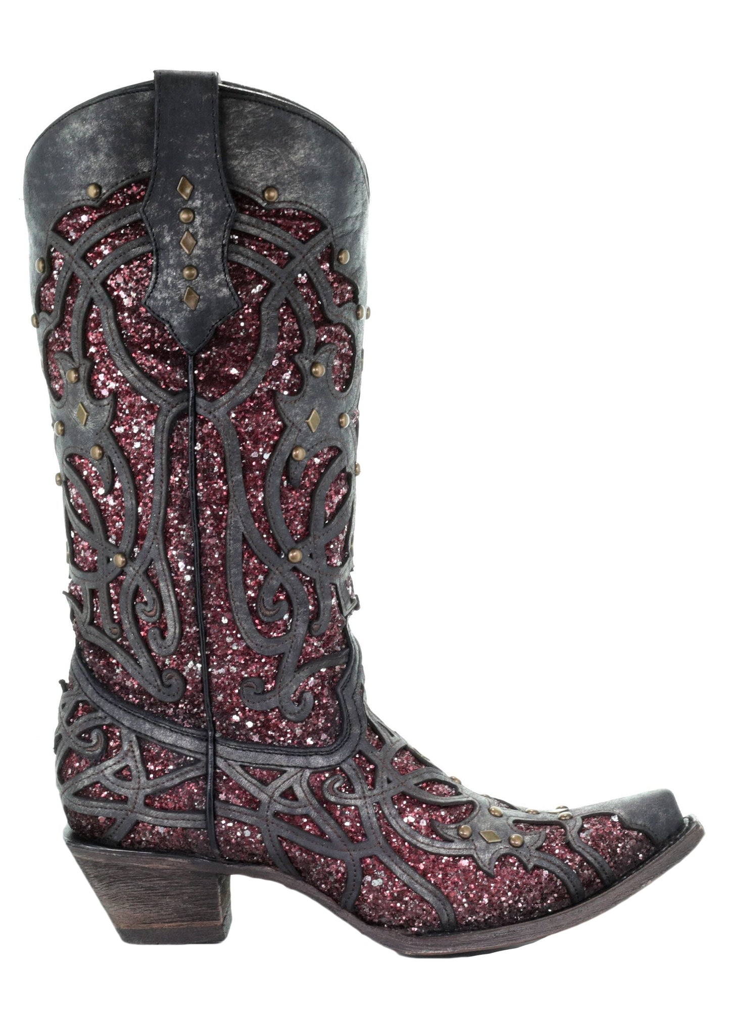 Corral Black Purple Glitter Inlay and Studs Snip Toe Boots