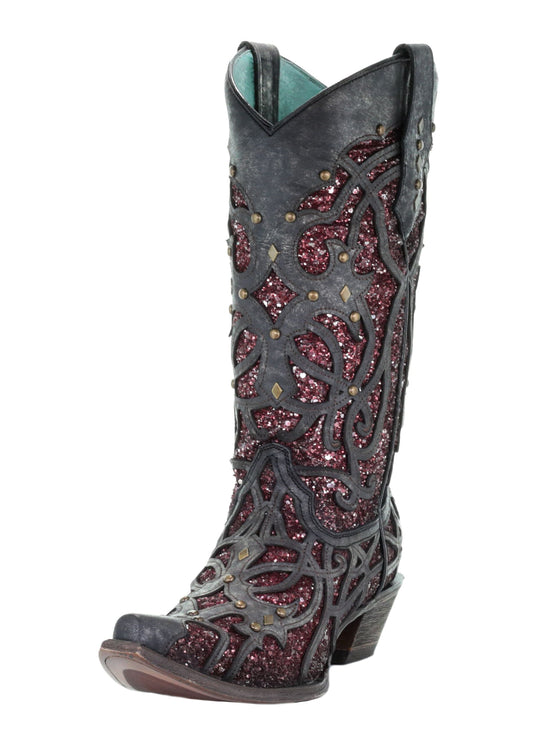 Corral Black Purple Glitter Inlay and Studs Snip Toe Boots
