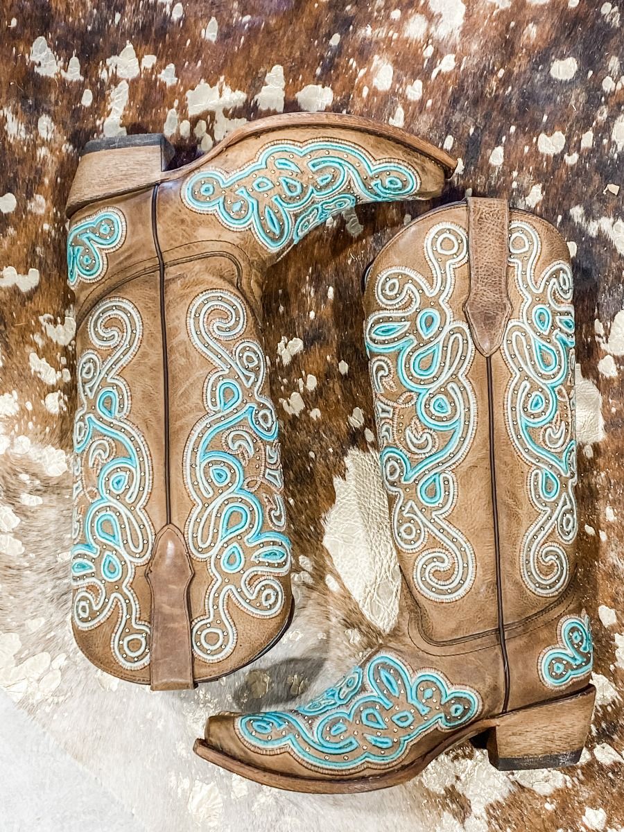 Tan and Turquoise Embroidery Boot by Corral C3572