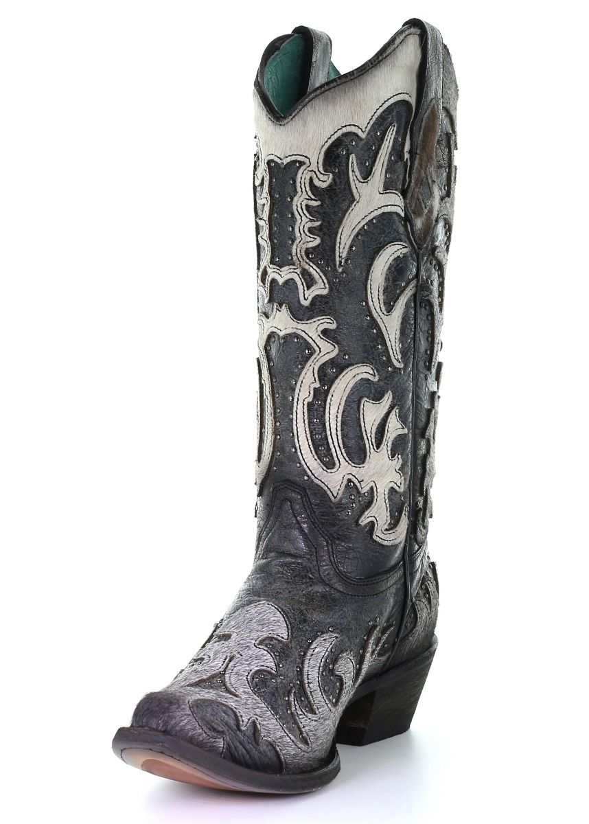 Corral Ladies Black and Grey Cowhide Overlay with Studs C3587