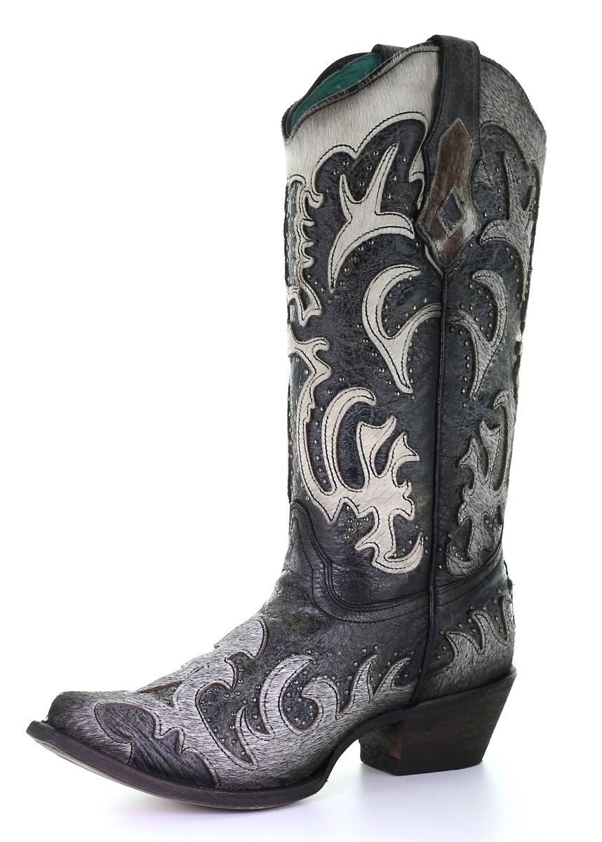 Corral Ladies Black and Grey Cowhide Overlay with Studs C3587