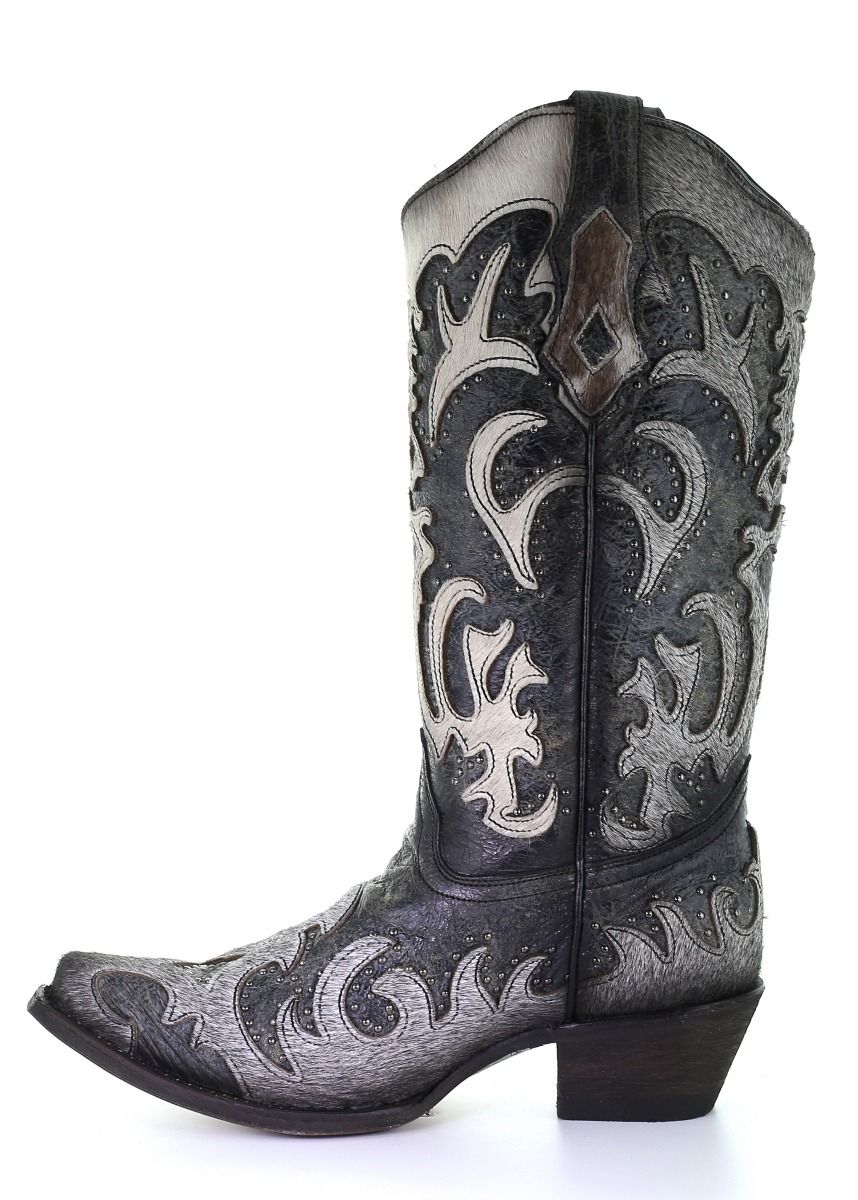 Corral Ladies Black and Grey Cowhide Overlay with Studs C3587