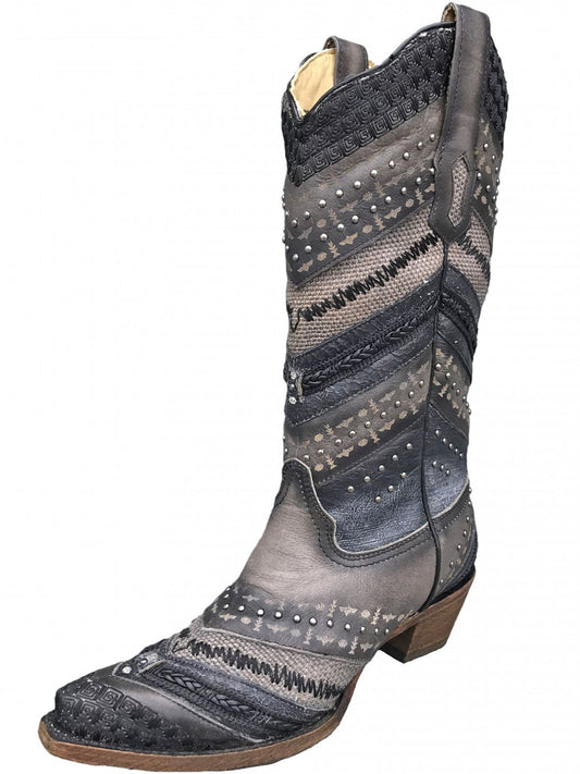 Corral Grey Embroidered and Studs Leather Boots