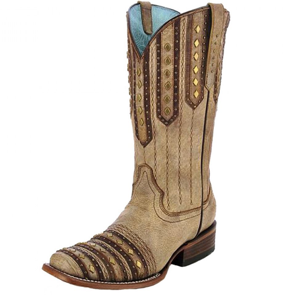 Corral Tan and Brown Studded Patch Square Toe