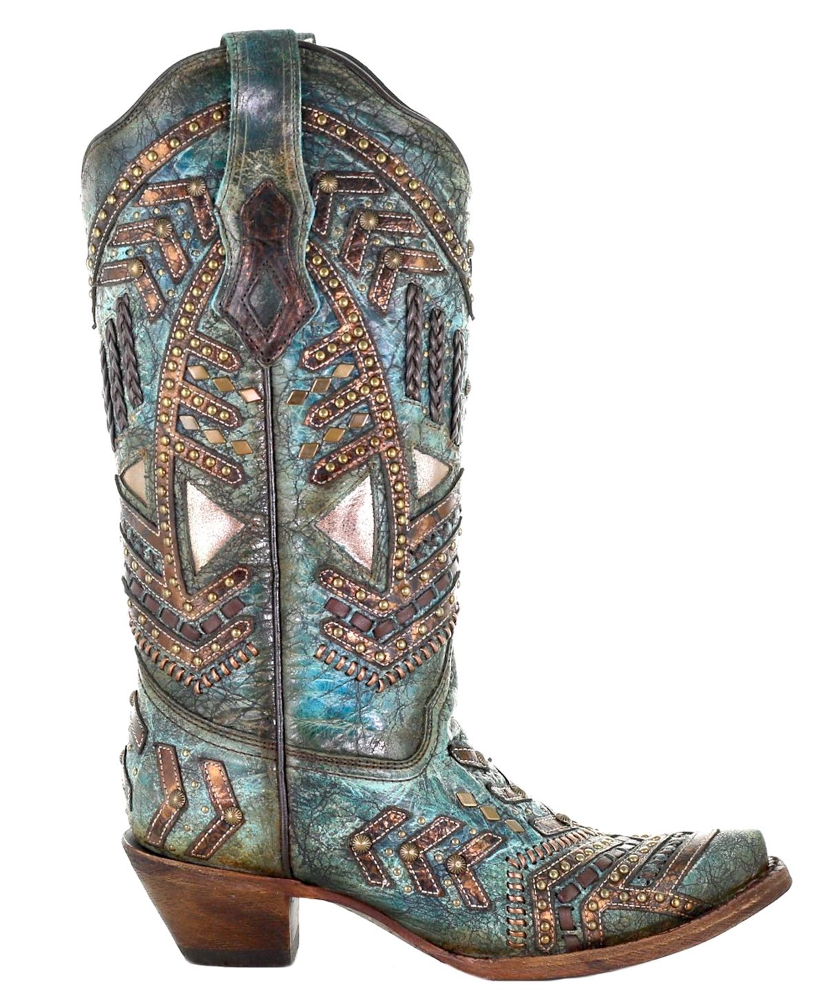 Corral Turquoise and Bronze Woven Overlay with Studs and Embellished Boots A3941