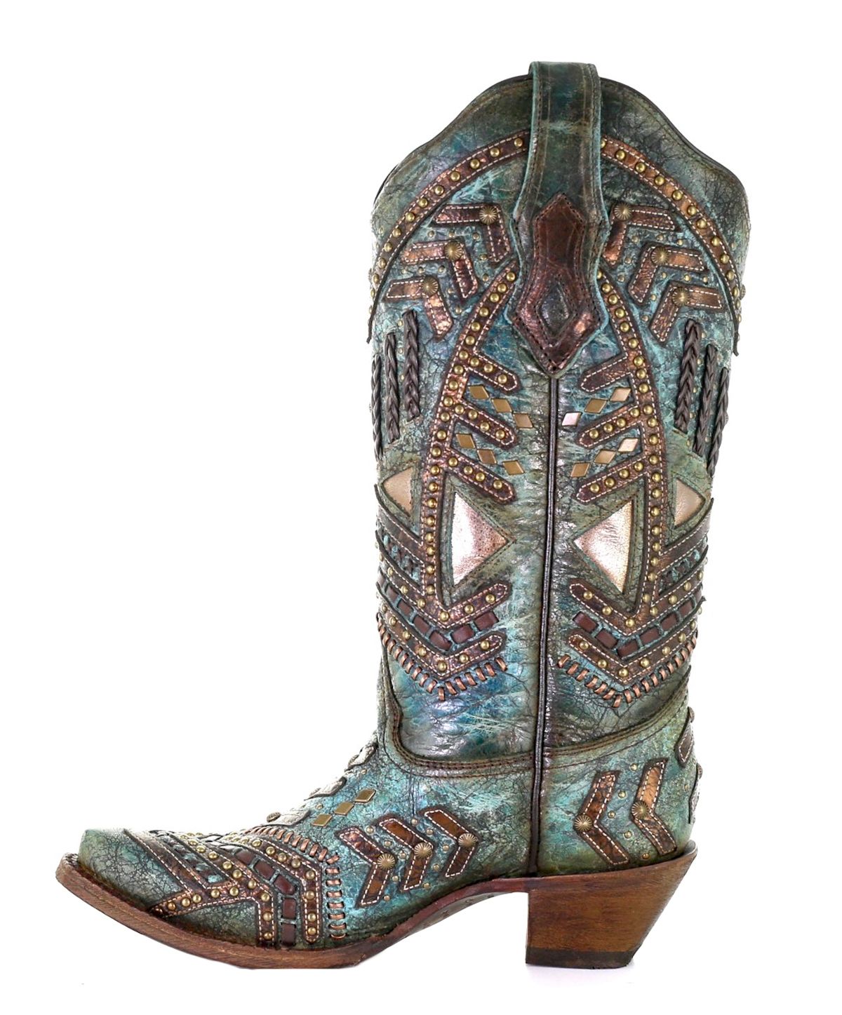 Corral Turquoise and Bronze Woven Overlay with Studs and Embellished Boots A3941