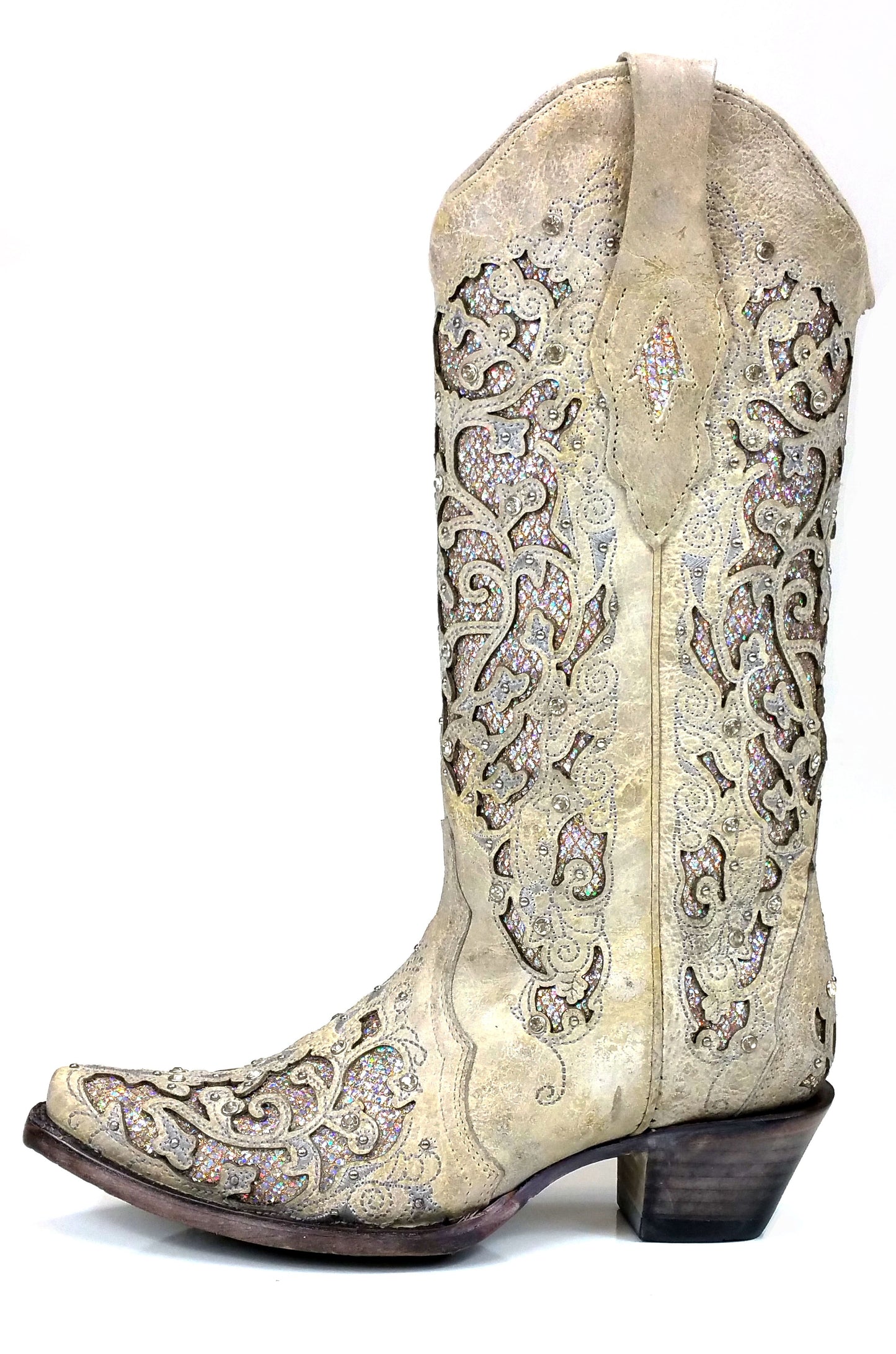 Corral White Leather Glitter Inlay Boot with Crystals