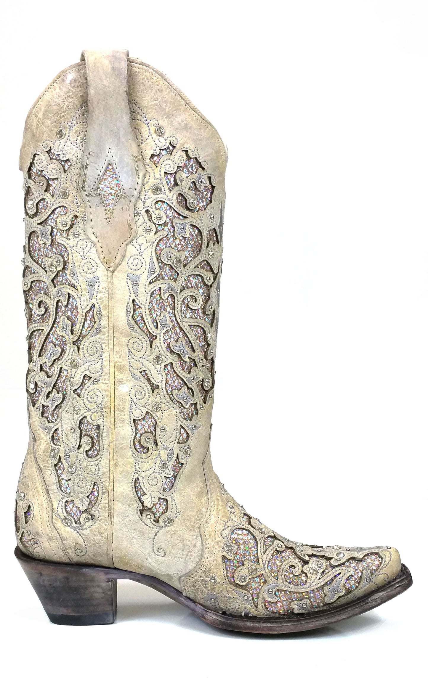 Corral White Leather Glitter Inlay Boot with Crystals