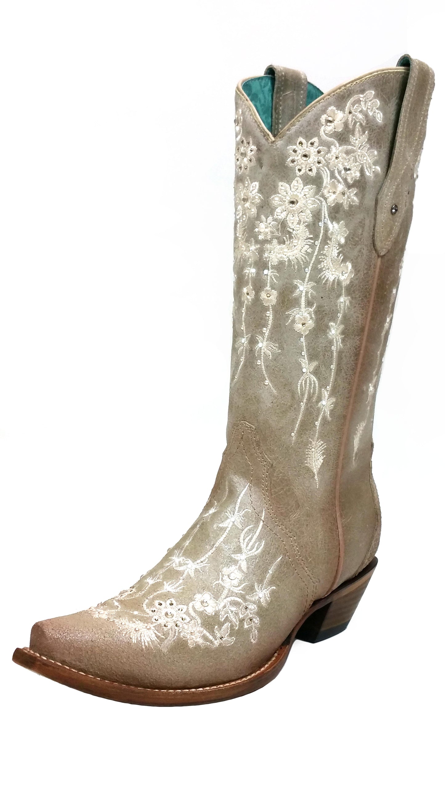 Corral Bone Floral Embroidered Sawrovski Crystal Boots