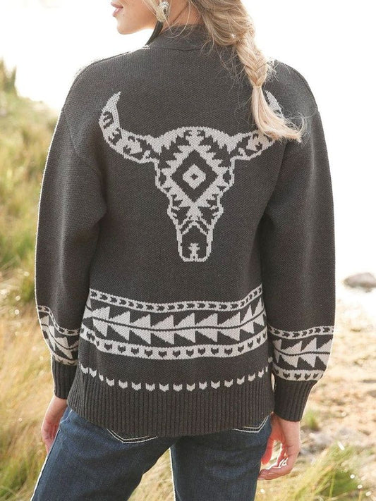 Cruel Girl Women's Charcoal Grey with Aztec Skull Sweater Knit Cardigan