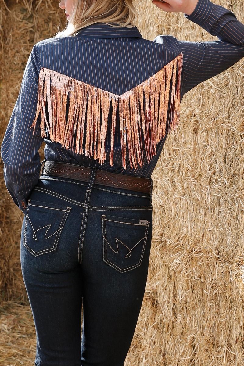 Women's Navy Sequin Fringe Western Shirt By Cinch CTW7245008