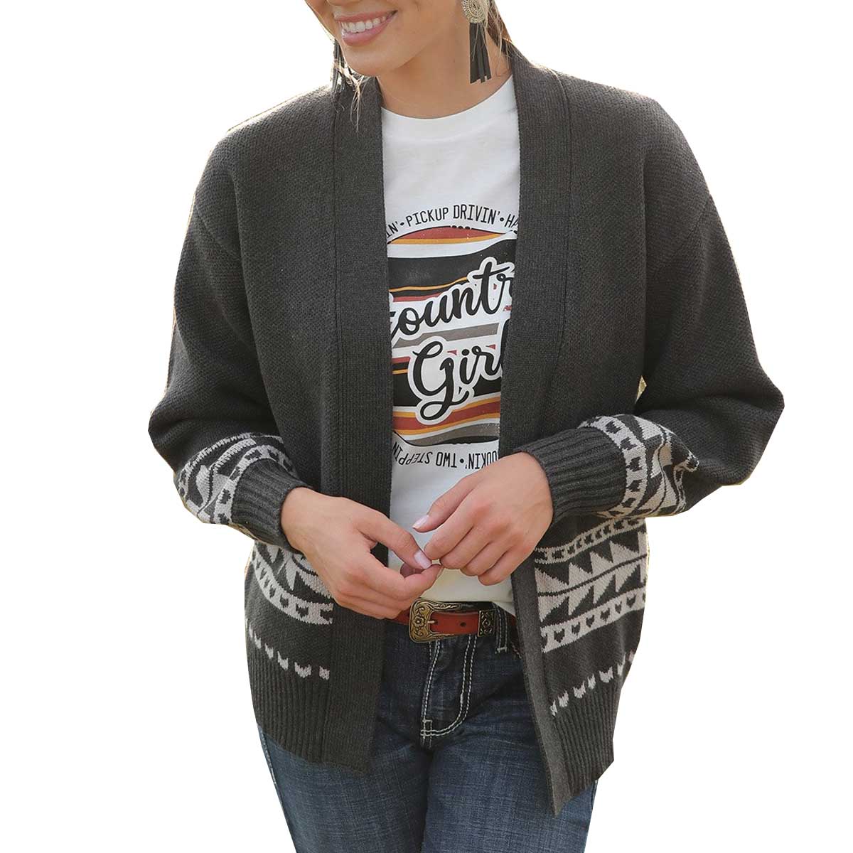 Cruel Girl Women's Charcoal Grey with Aztec Skull Sweater Knit Cardigan