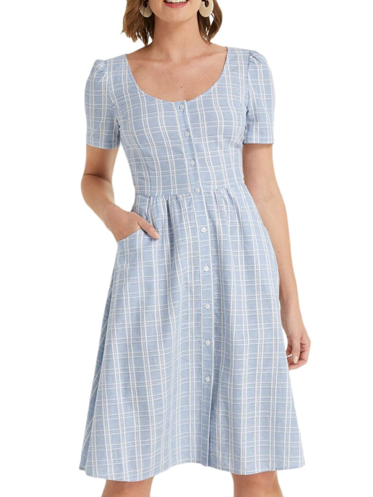 Draper James Linen Button Front Dress in Blue Multi