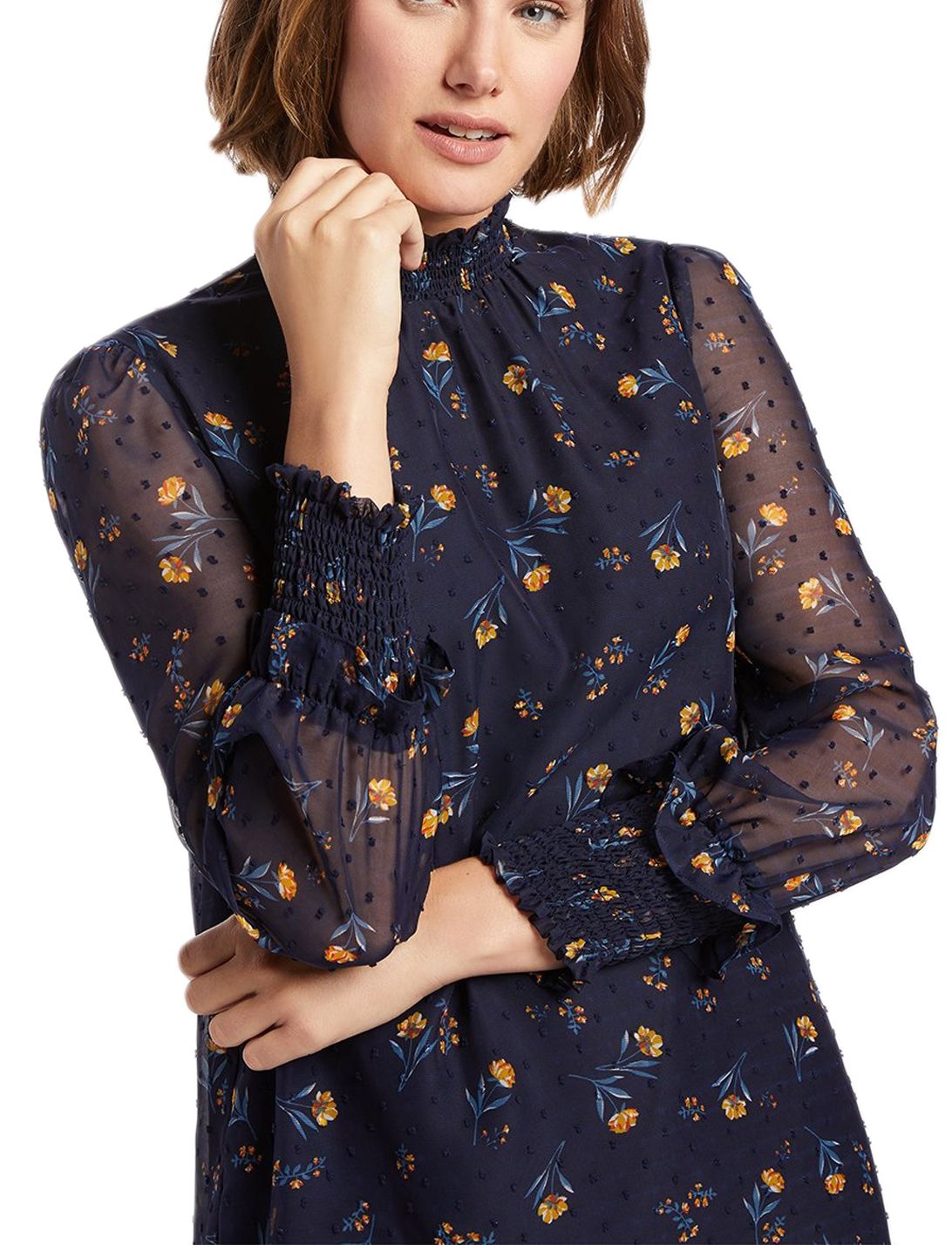 Draper James Floral Swiss Dot Smocked Dress in Nassau Navy