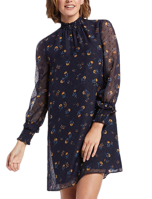 Draper James Floral Swiss Dot Smocked Dress in Nassau Navy