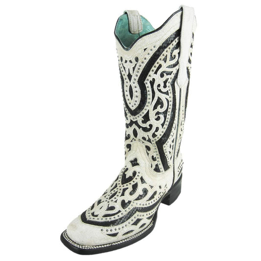 Corral Black and White Embroidered Glitter Inlay and Studs Square Toe Boots