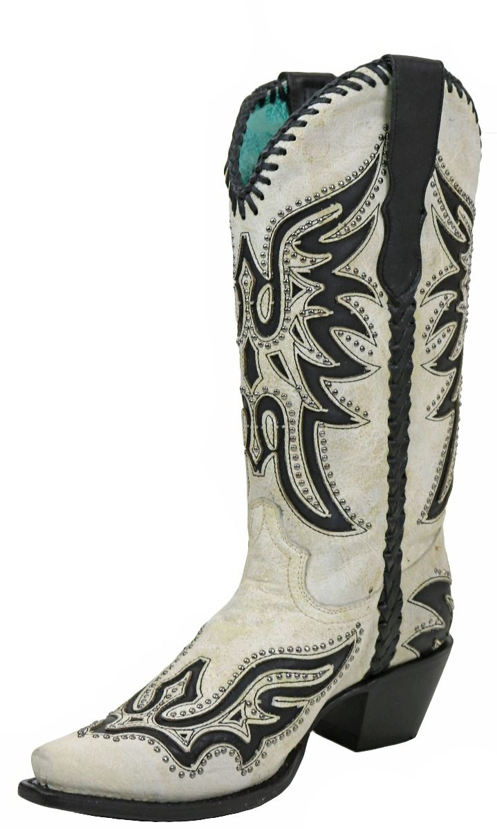 Corral White and Black Inlay with Wings and Studs Boots