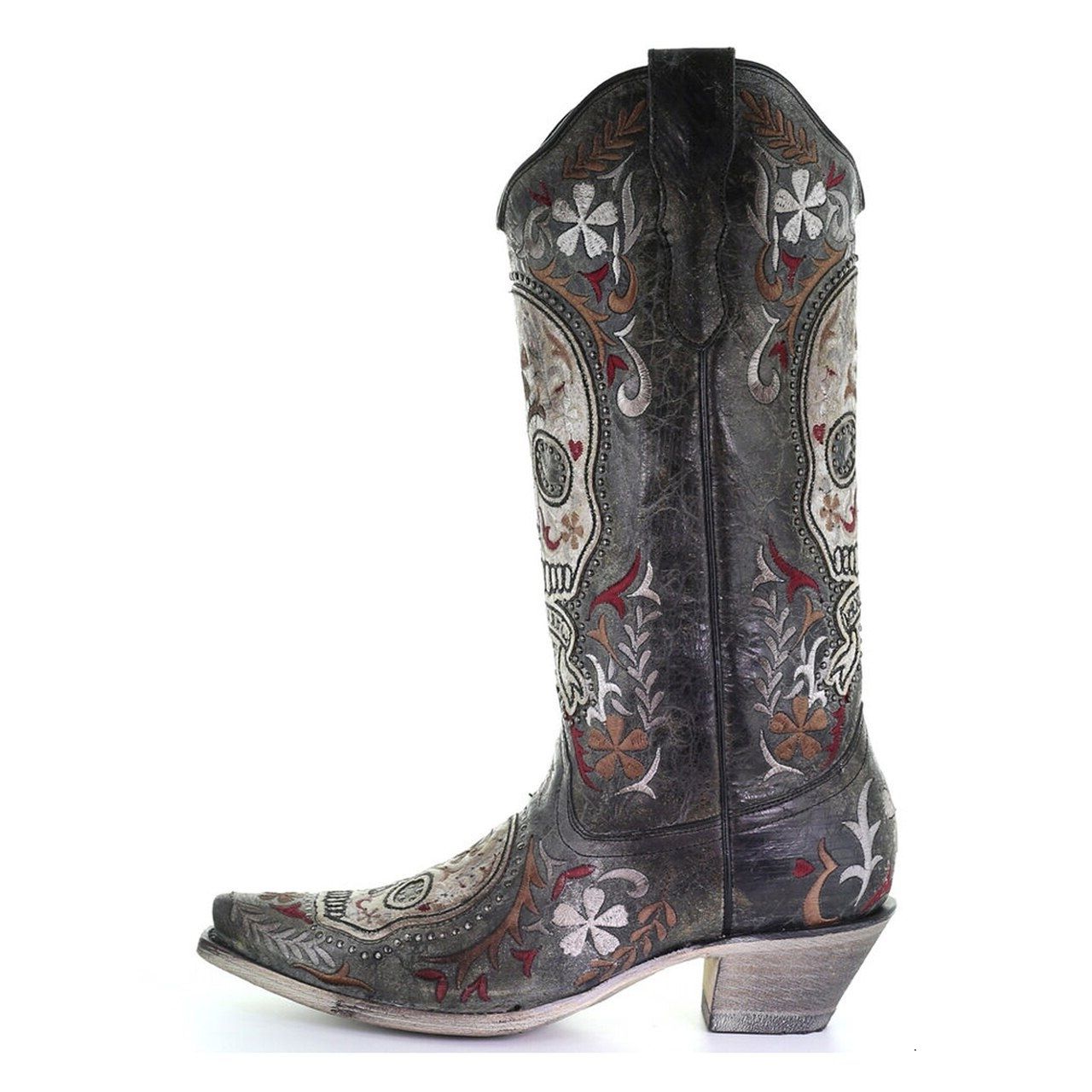 Corral Black and White Sugar Skull Embroidered Studded Boots