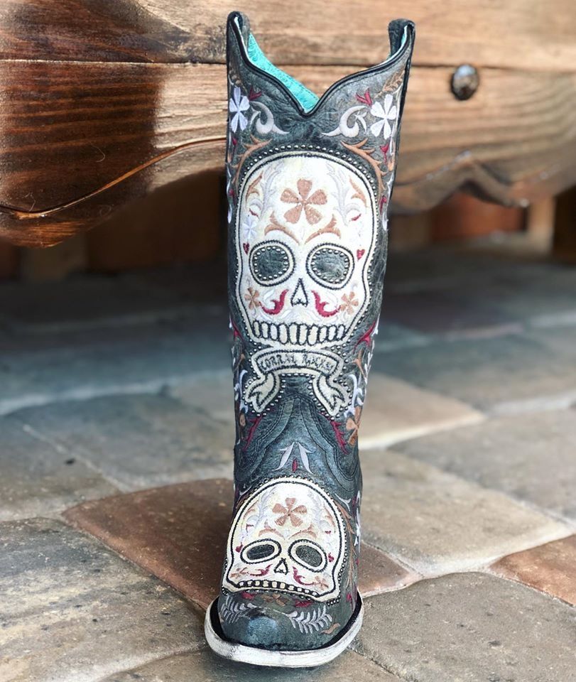 Corral Black and White Sugar Skull Embroidered Studded Boots