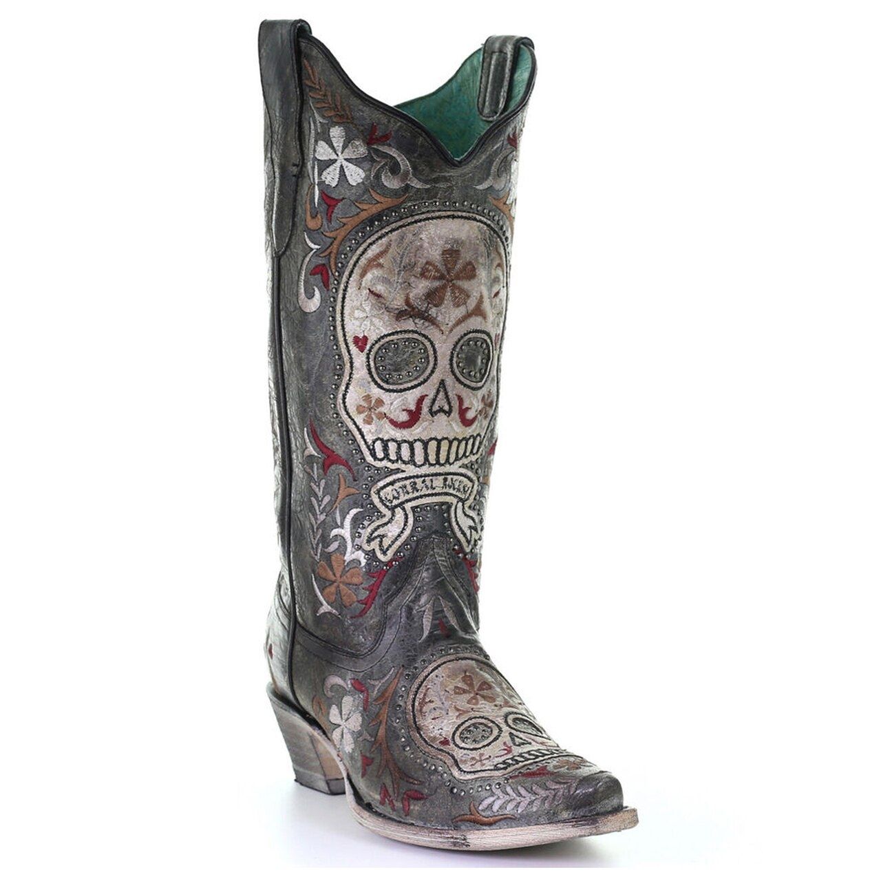 Corral Black and White Sugar Skull Embroidered Studded Boots