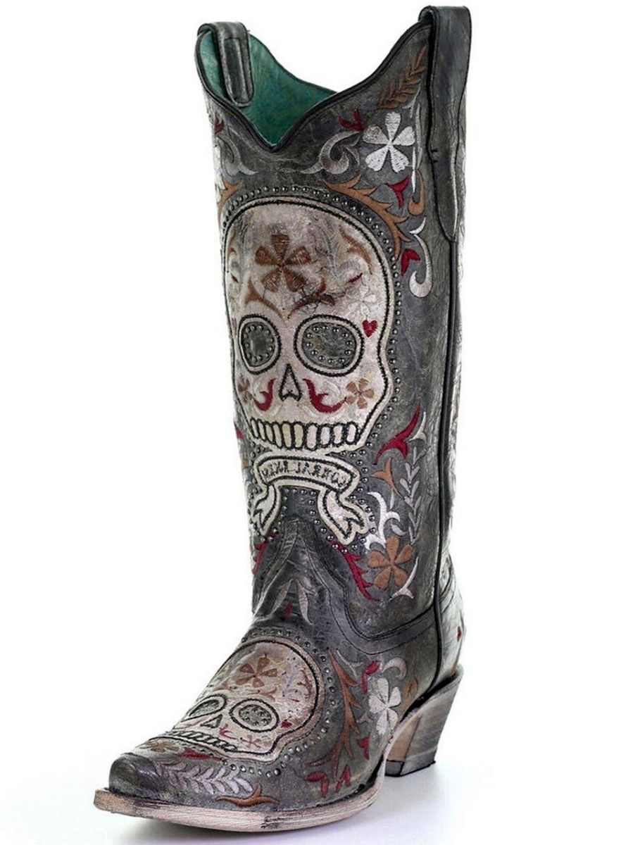 Corral Black and White Sugar Skull Embroidered Studded Boots