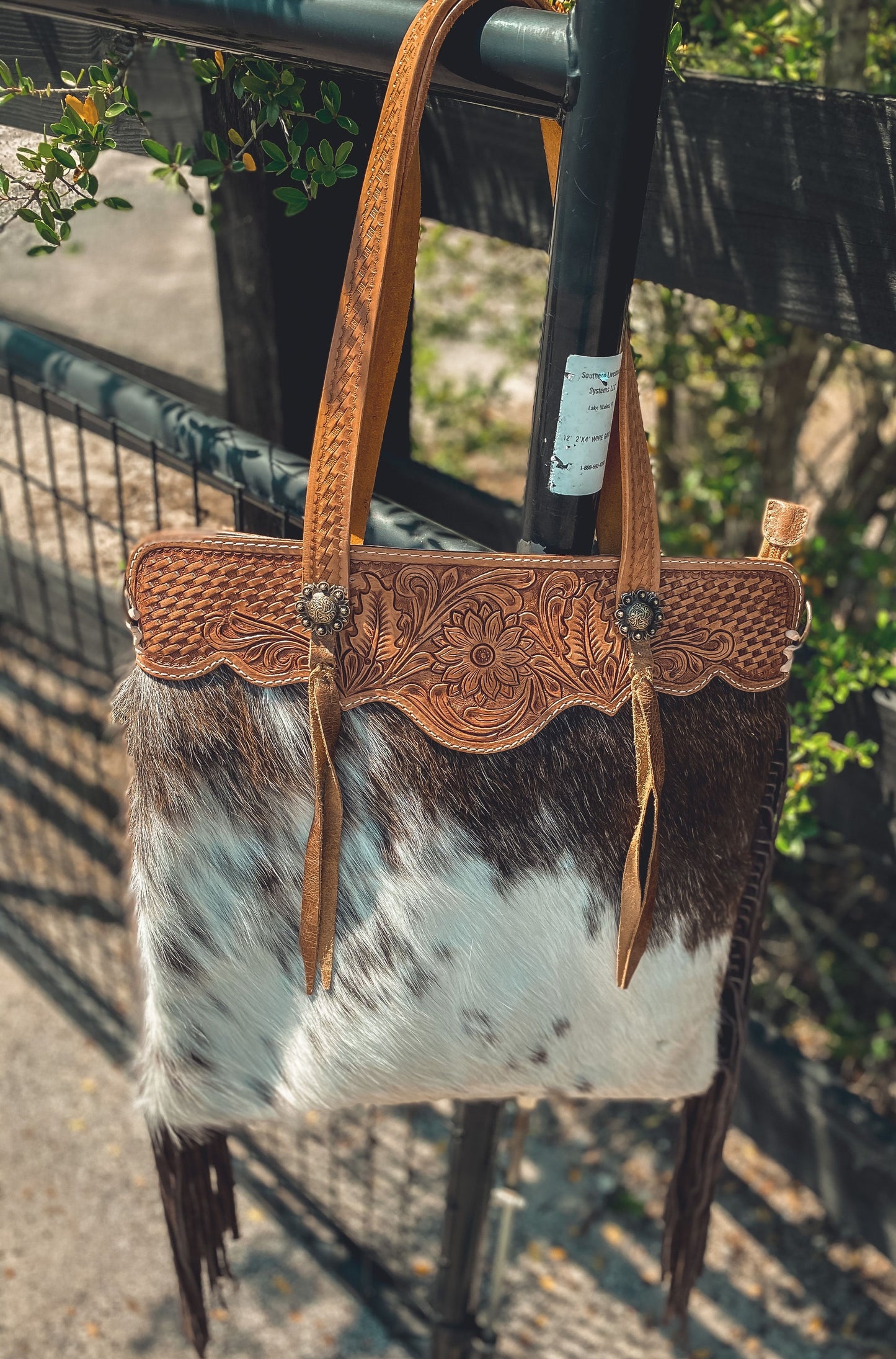 American Darling Hide and Hair Tooled Bag with Fringe