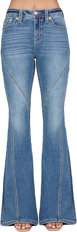 Miss Me Contour Stitch Slim Flare Jeans, Midnight Blue, Women's Bell Bottom