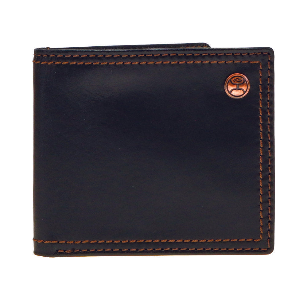 Hooey Smooth Black Bi Fold Wallet With Brown Double Stitched Accent Edge