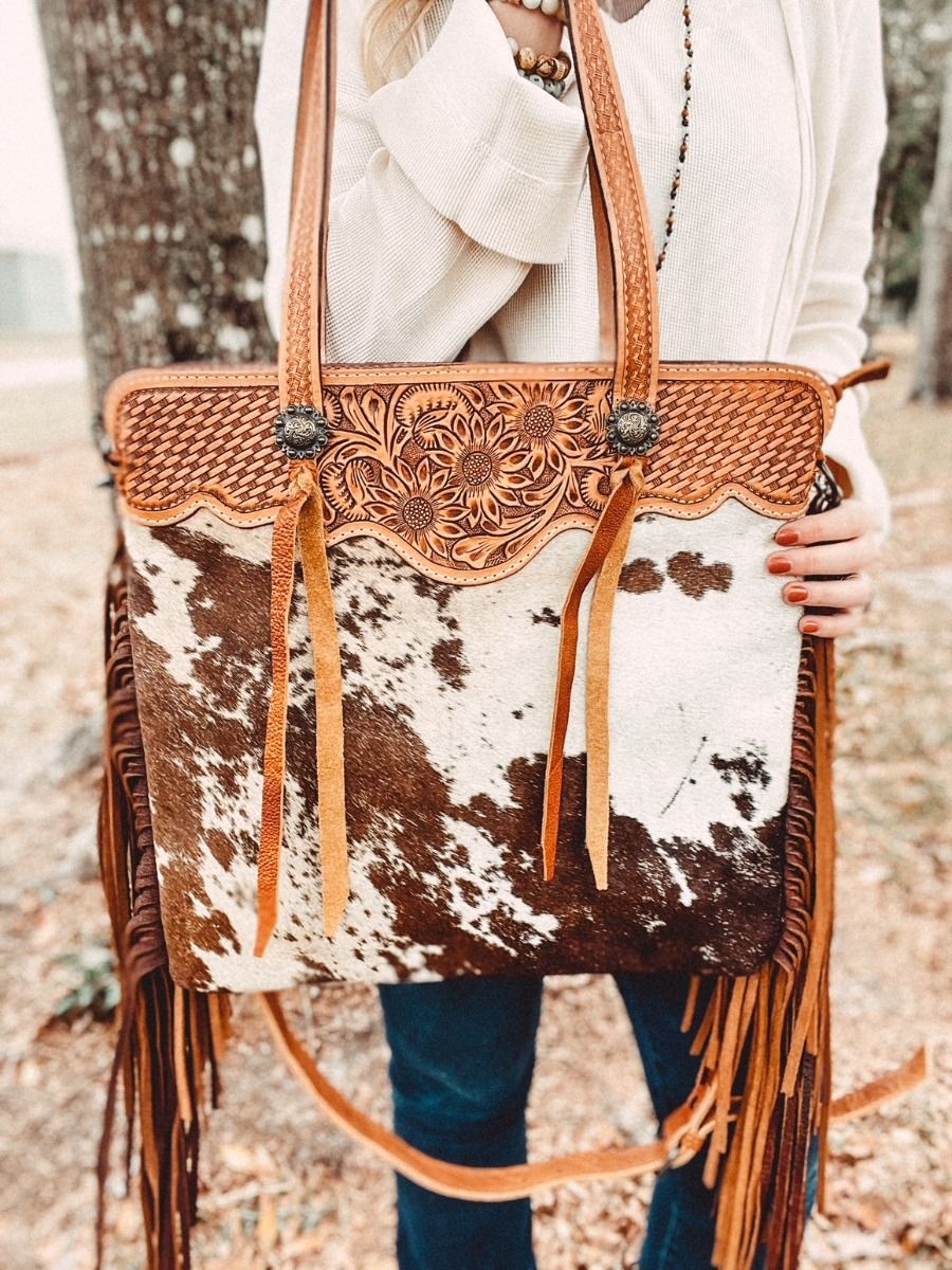 American Darling Hide and Hair Tooled Bag with Fringe