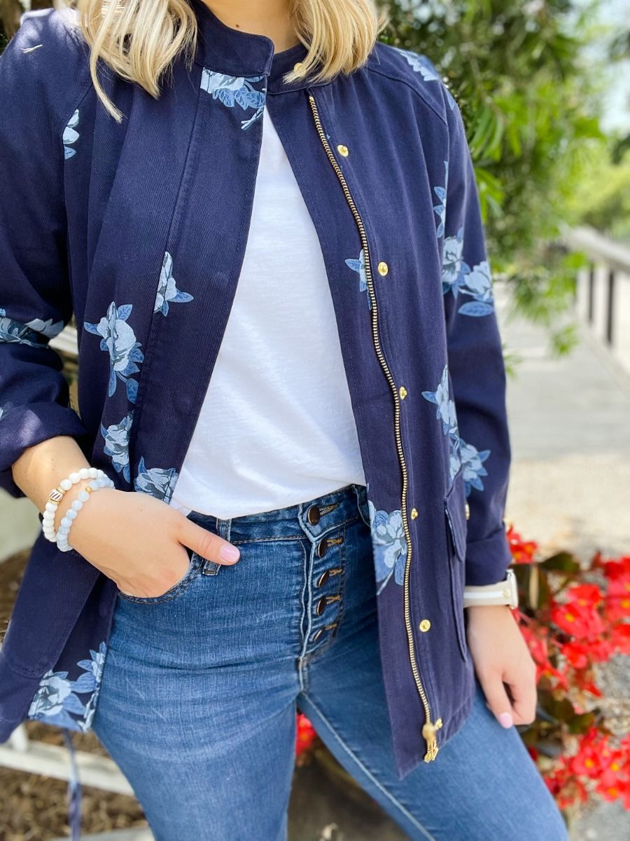 Draper James Floral Field Jacket in Nassau Navy Magnolia Vines