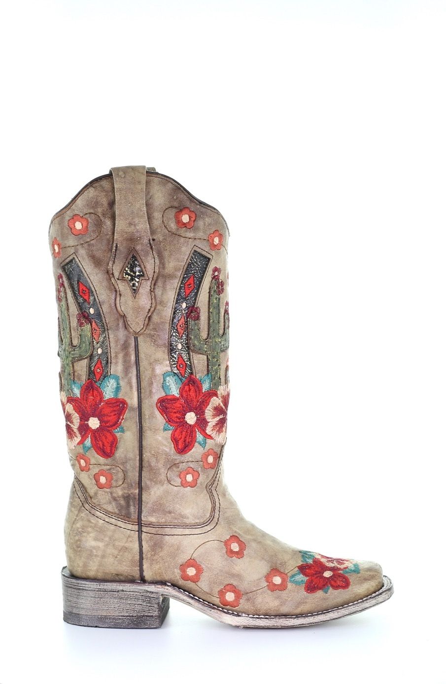 Corral Taupe Cactus Inlay and Embroidered Square Toe Boots