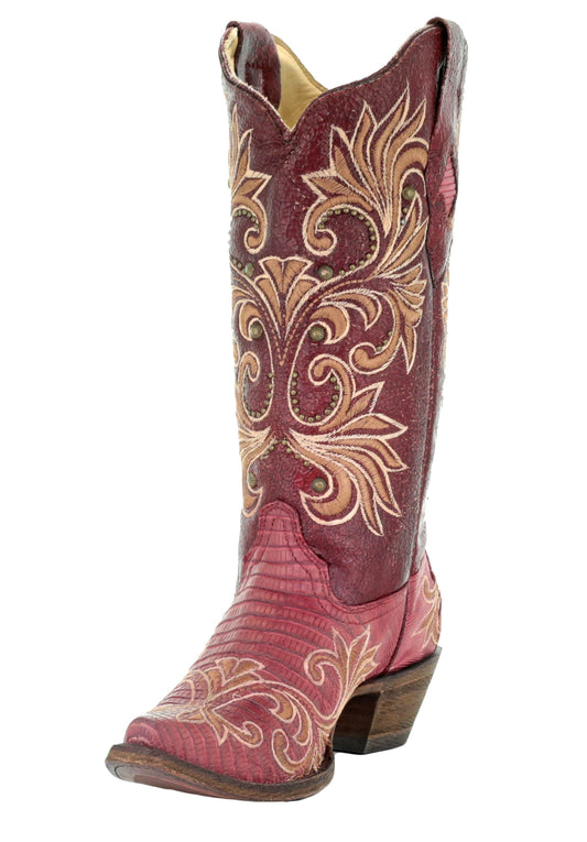 Corral Red Lizard Embroidered and Studs Boots