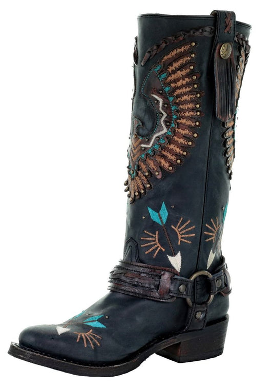 Ladies Black Eagle Overlay And Harness Biker Boot By Corral A3616