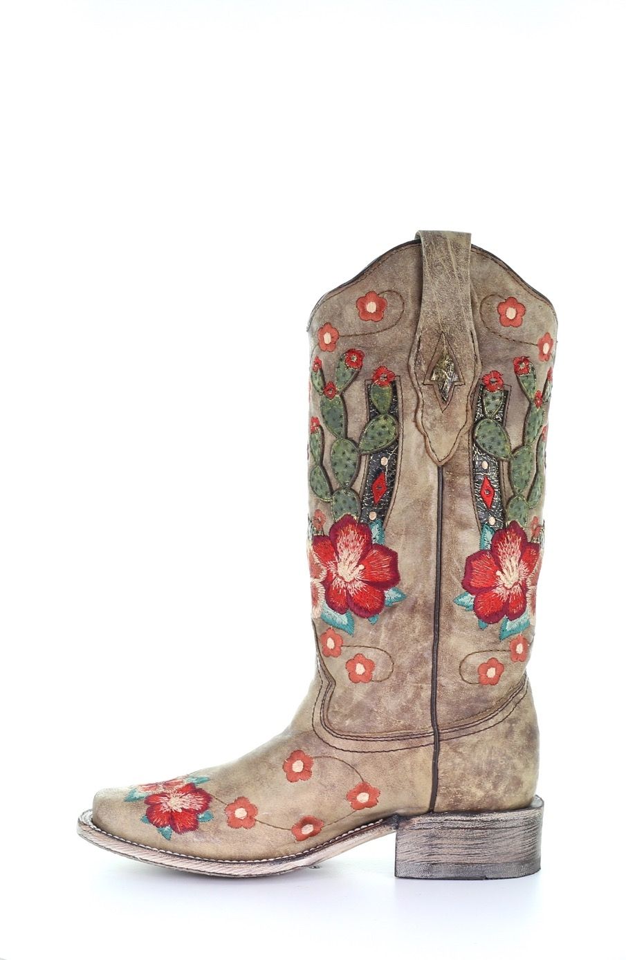 Corral Taupe Cactus Inlay and Embroidered Square Toe Boots