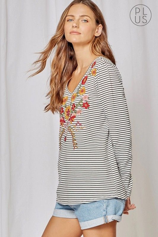 Embroidery Striped Knit Top Plus Size