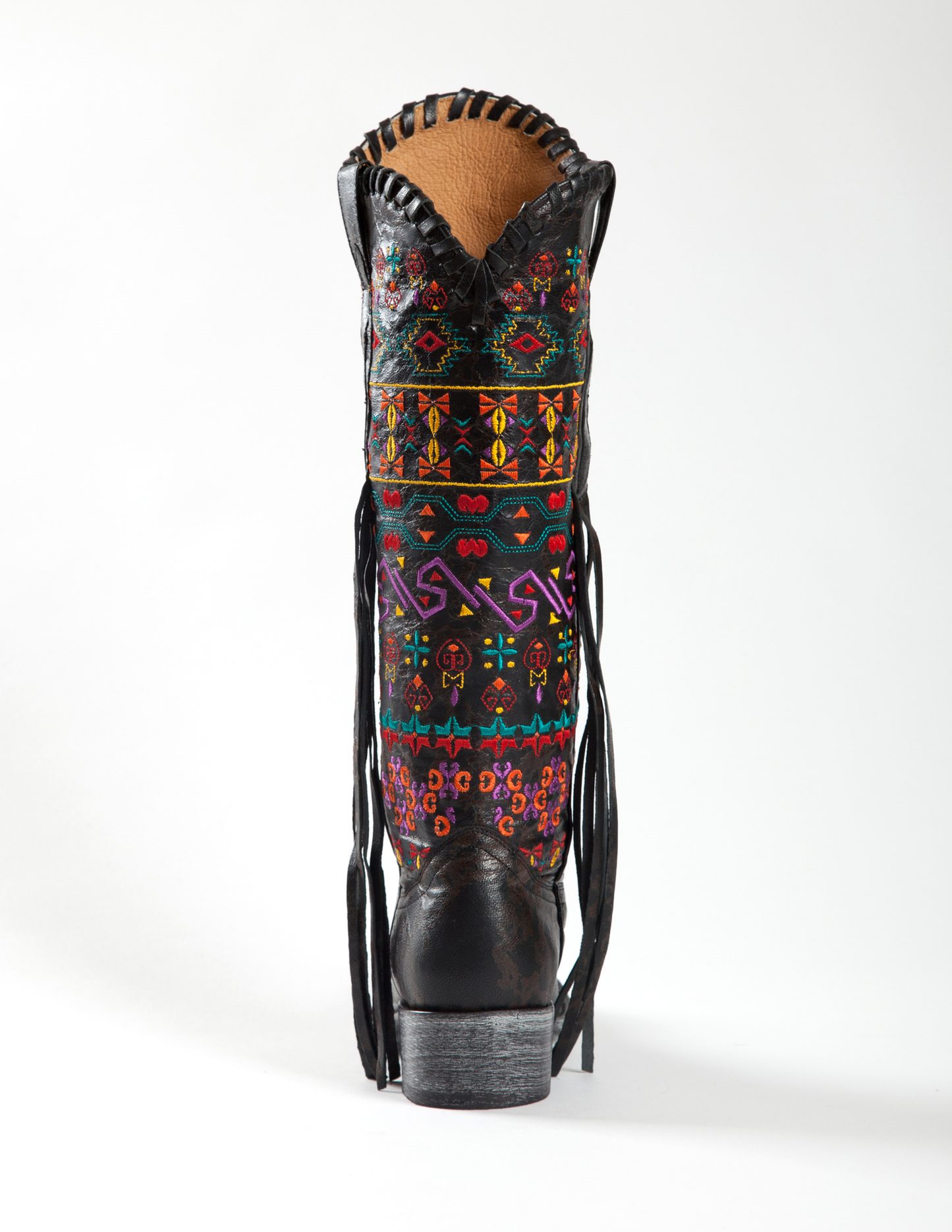 Johnny Ringo Sagrada Collection  Black Multicolor Embroidered Boot with Fringe