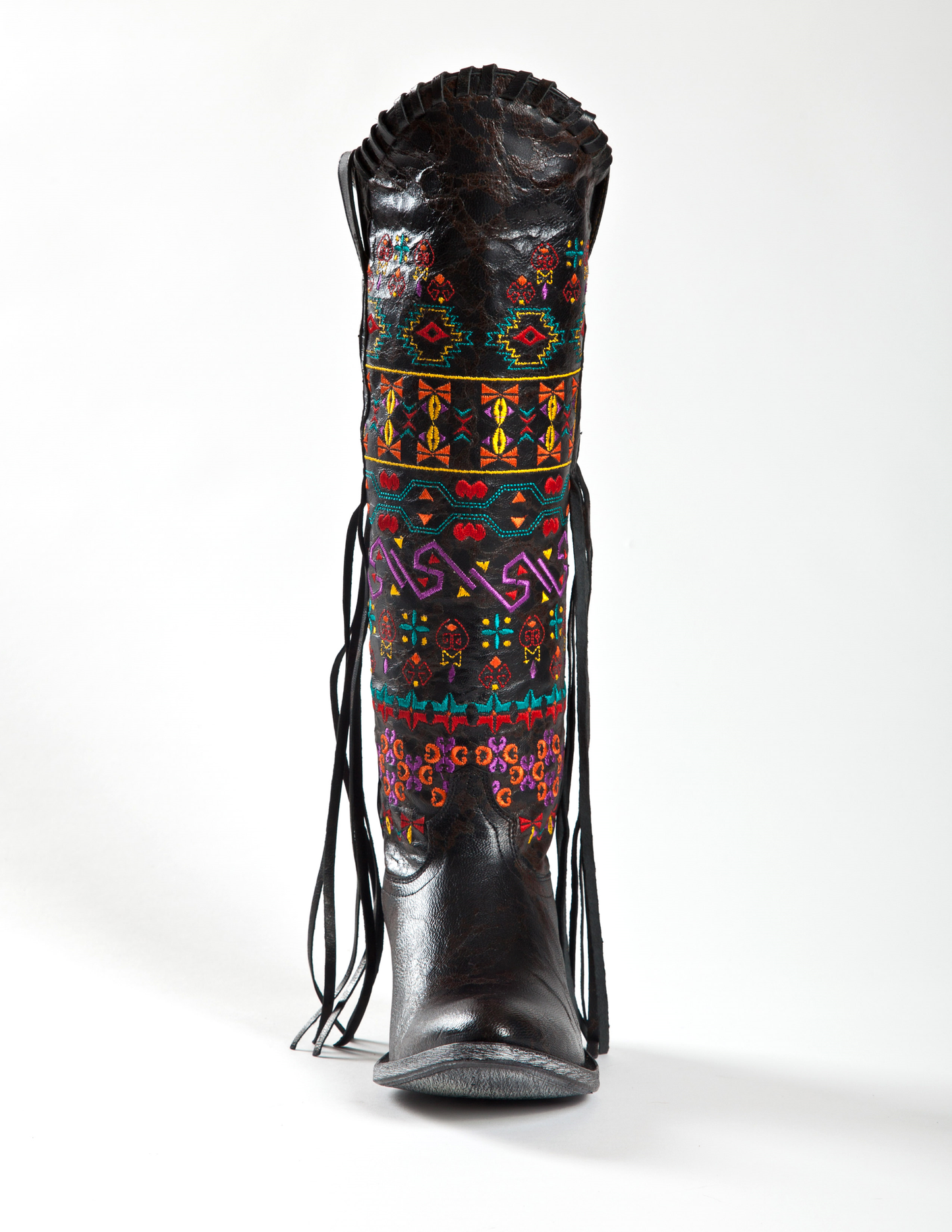 Johnny Ringo Sagrada Collection  Black Multicolor Embroidered Boot with Fringe