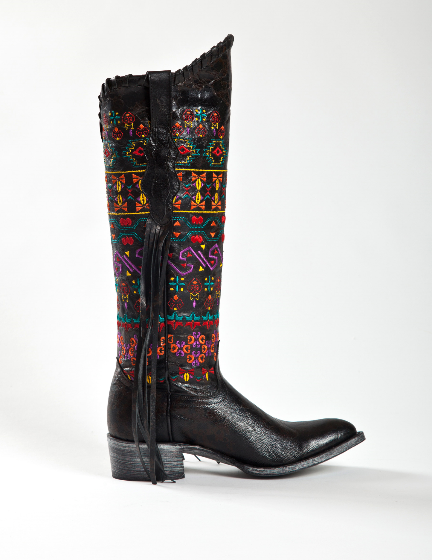 Johnny Ringo Sagrada Collection  Black Multicolor Embroidered Boot with Fringe