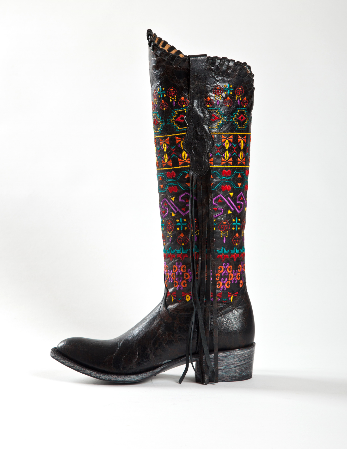 Johnny Ringo Sagrada Collection  Black Multicolor Embroidered Boot with Fringe