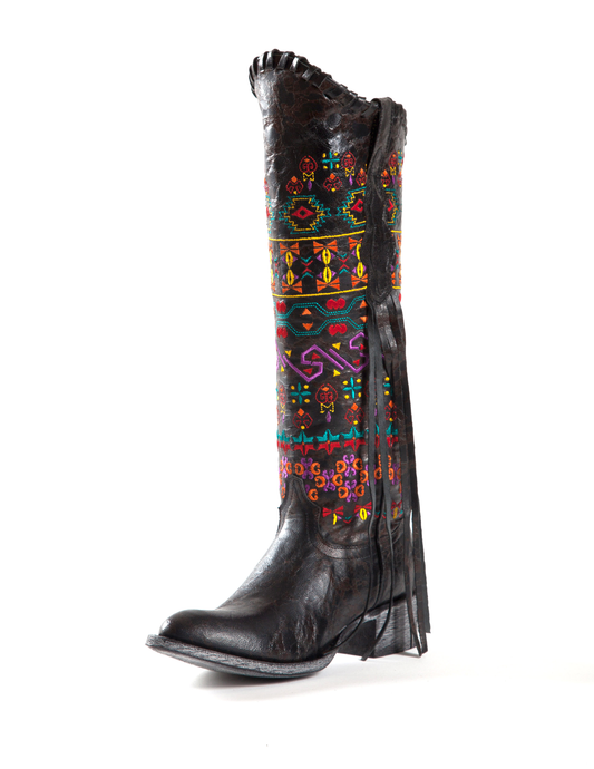 Johnny Ringo Sagrada Collection  Black Multicolor Embroidered Boot with Fringe