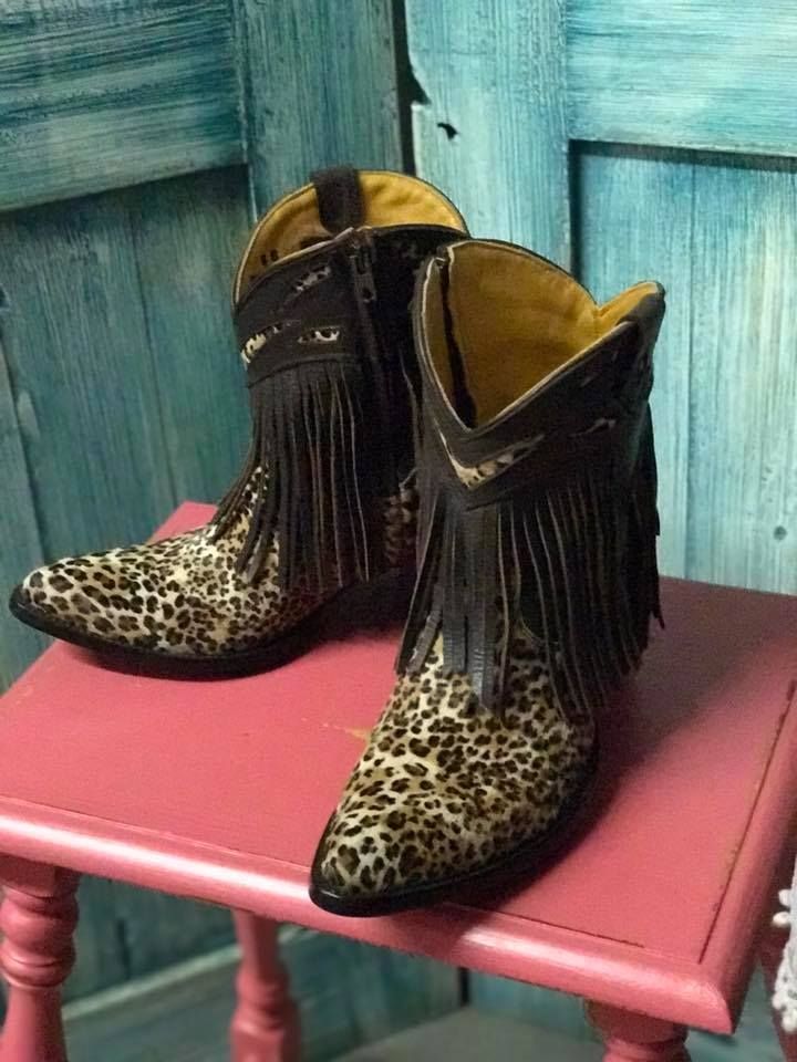 Old Gringo Brown and Chocolate Mechados Leopard Fringe  Bootie