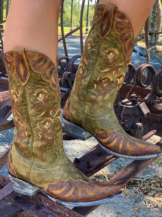 Old Gringo Naomi Green 13" Embroidered Boots With Brass Overlay