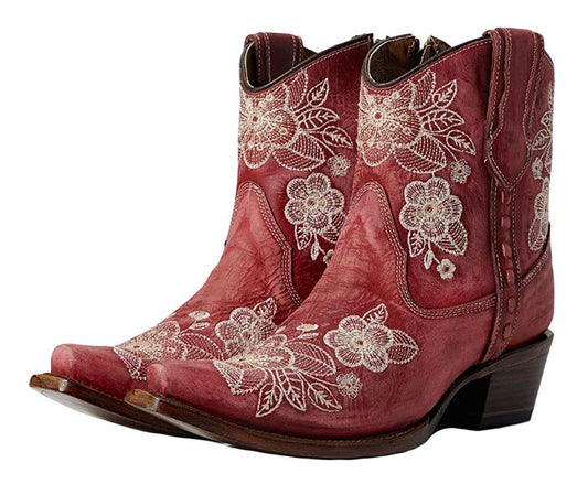 Ladies Red and Cream Flowered Embroidery Ankle Boot L5875