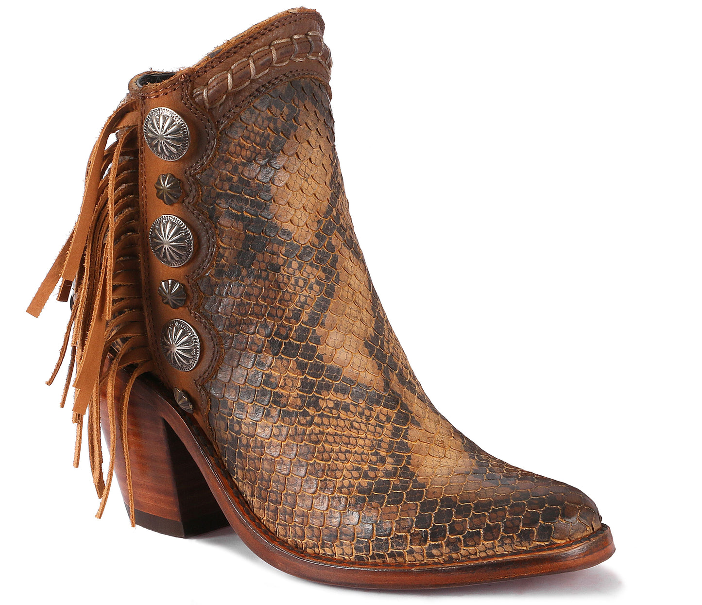 Liberty Black Fringe Bootie in Pithon Fileteado Miel